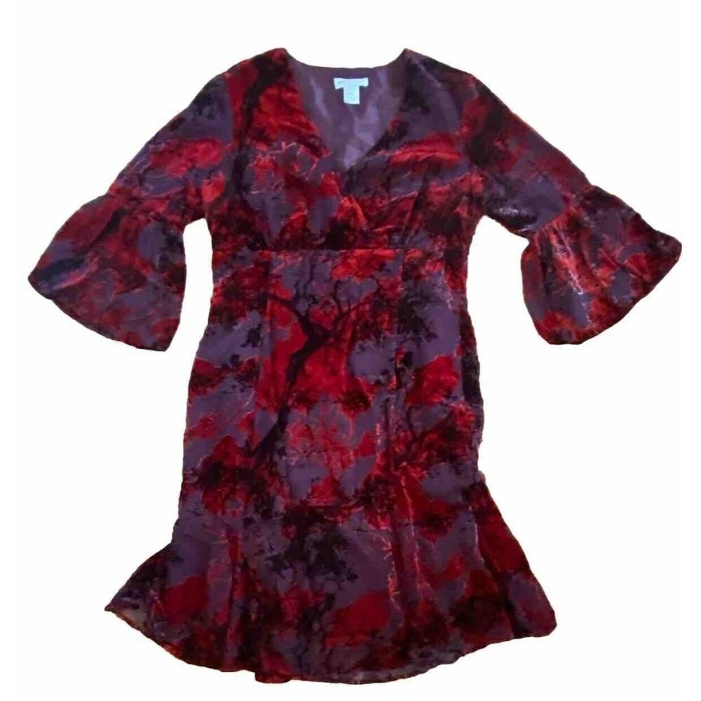 Newport News Velvet Dress Empire Waist Ruffle Burnout Red Purple 14 Fit Flair